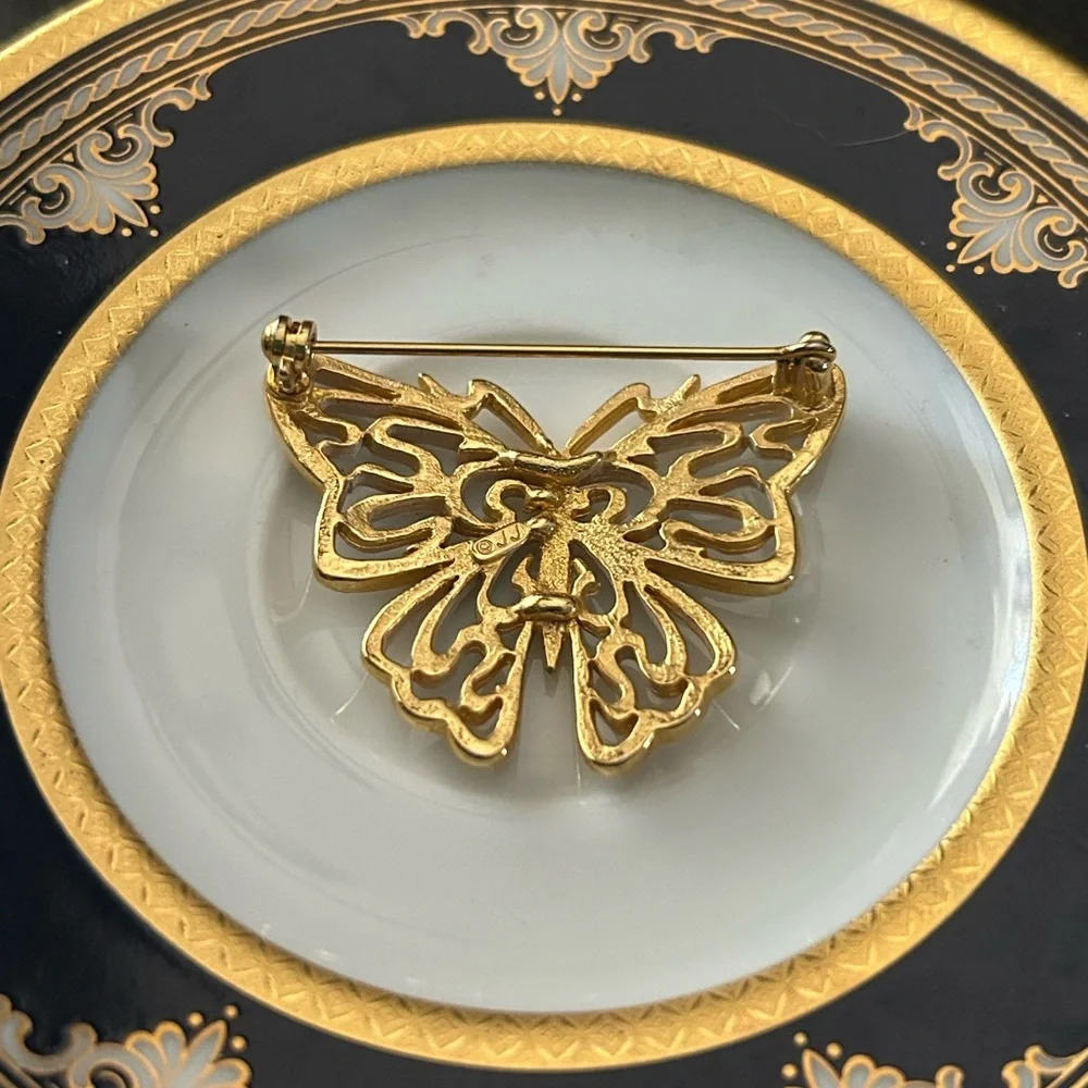 Vintage Butterfly Brooch Gold Tone With White Enamel